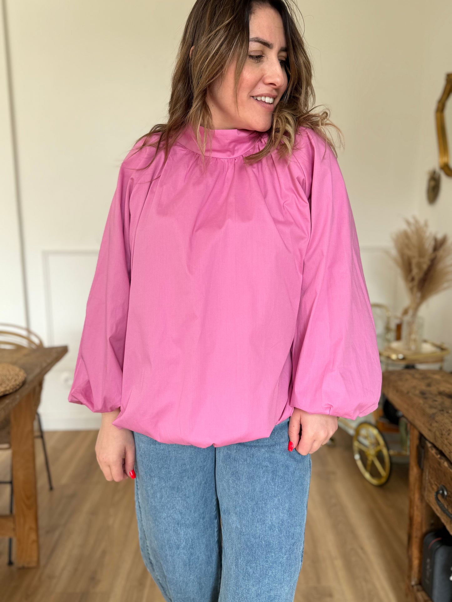Blouse dos ouvert rose fushia