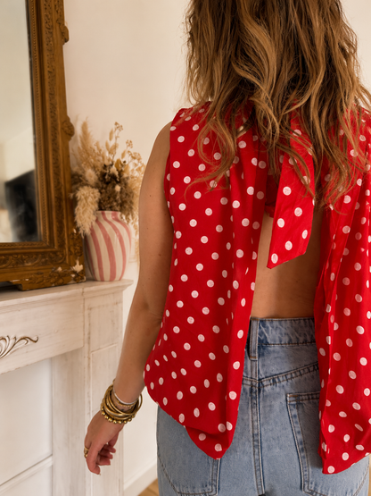 BLOUSE ROUGE À POIS BLANC