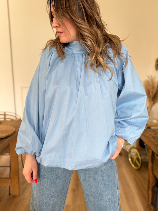 Blouse dos ouvert bleu