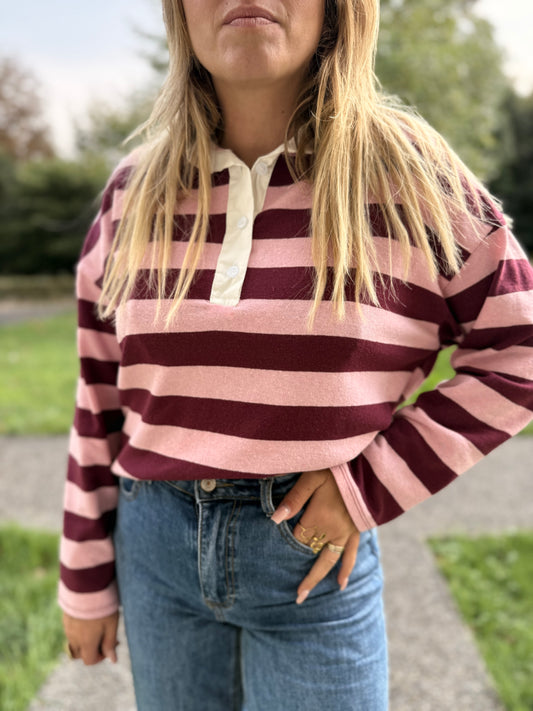 PULL RAYÉ ROSE ET BORDEAUX