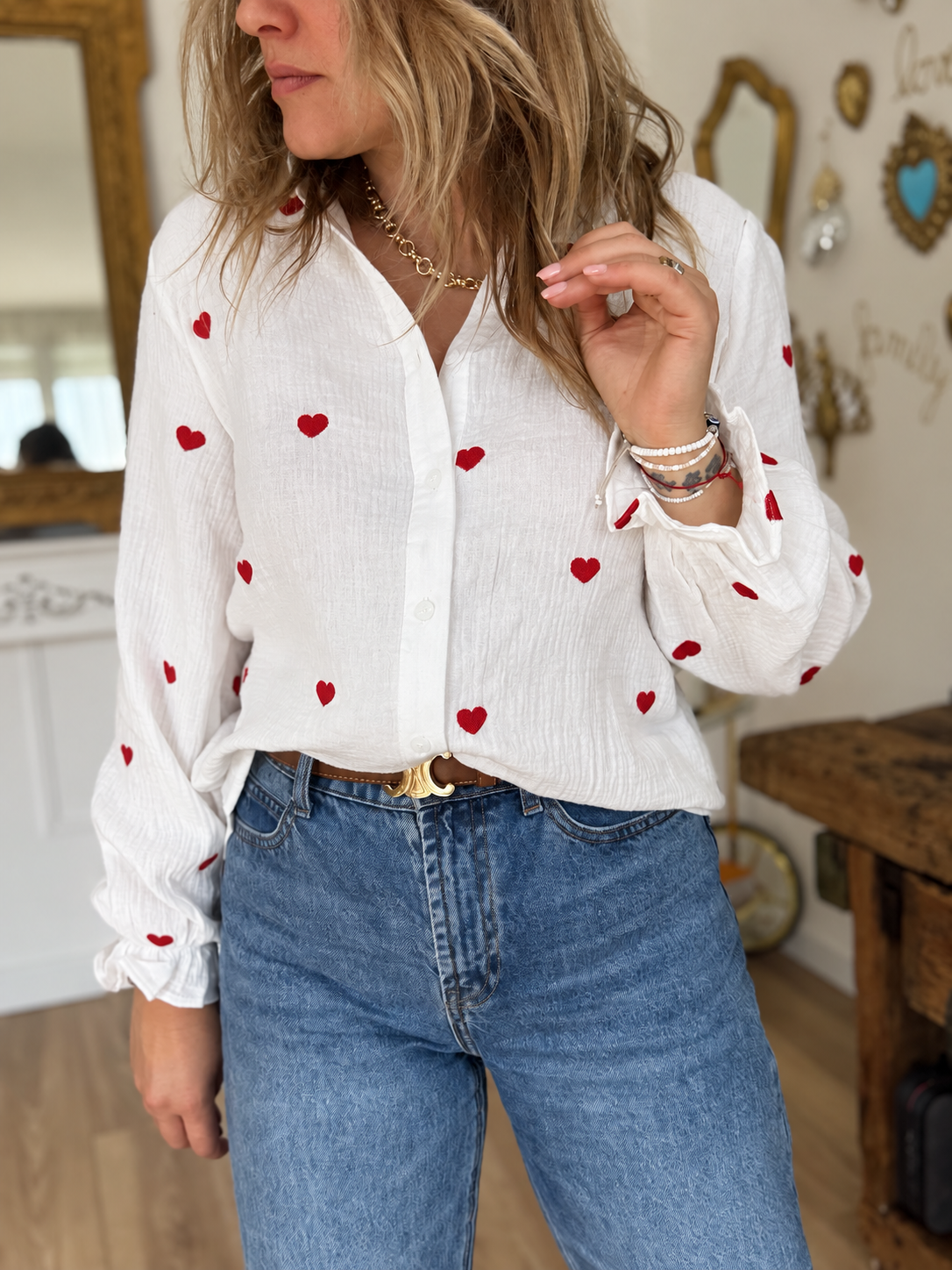 CHEMISIER GAZ DE COTON COEUR ROUGE