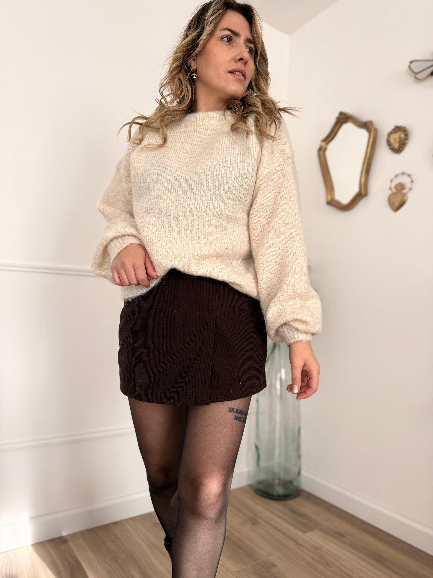 Pull beige noeud à pois