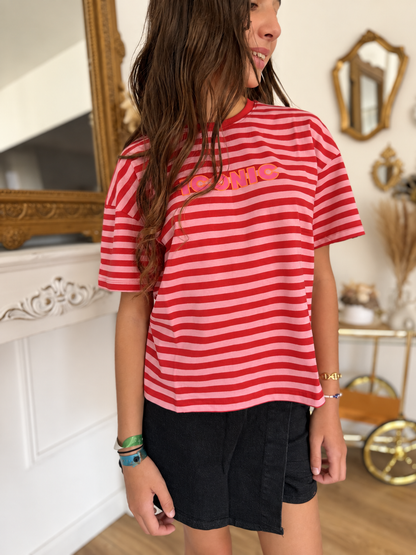 T-SHIRT ICONIC RAYÉ ROUGE & ROSE