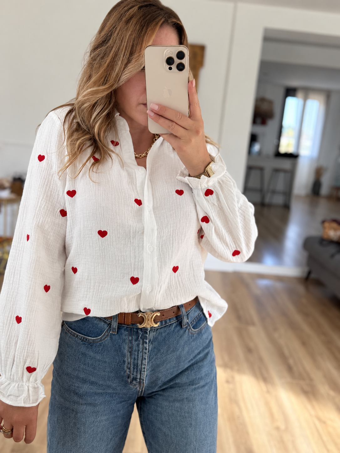 CHEMISIER GAZ DE COTON COEUR ROUGE