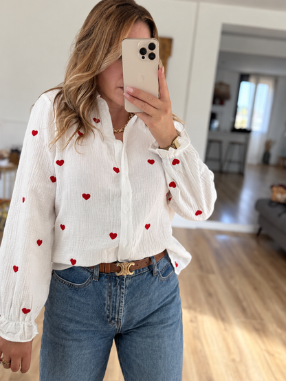 CHEMISIER GAZ DE COTON COEUR ROUGE