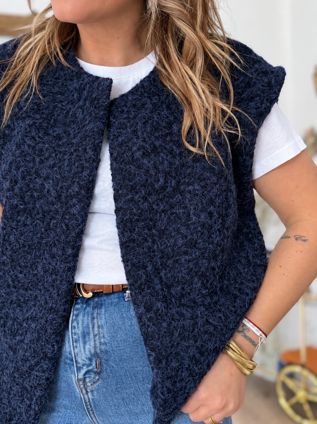 GILET LAINE BOUILLIE BLEU MARINE