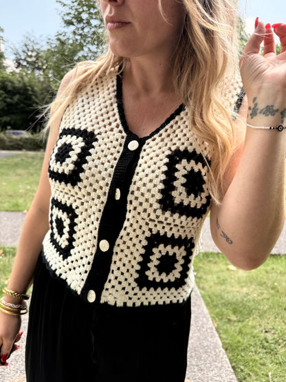 Gilet crochet noir/beige