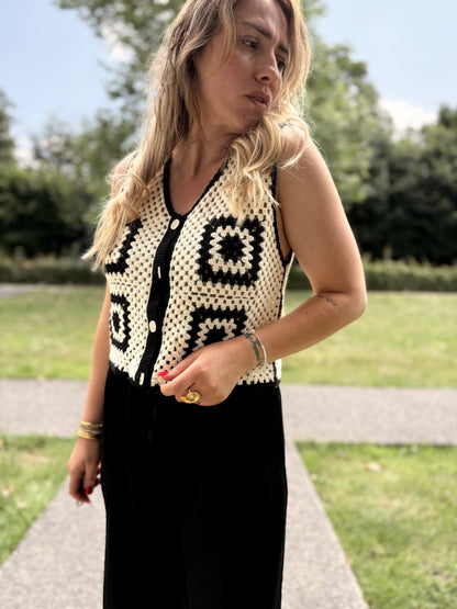 Gilet crochet noir/beige