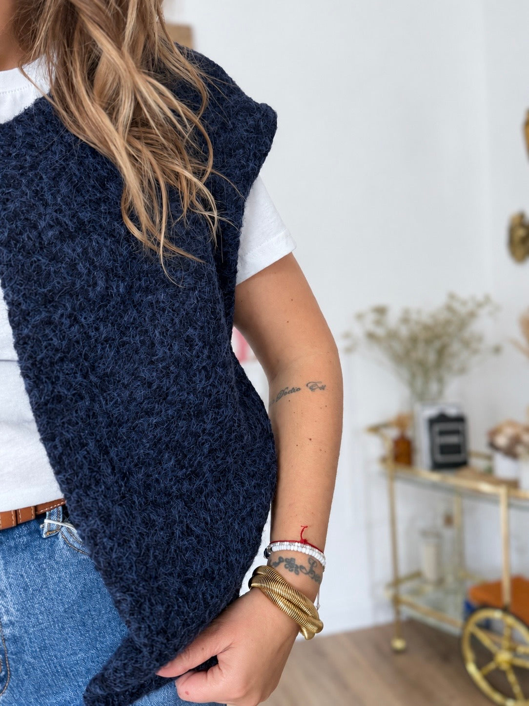 GILET LAINE BOUILLIE BLEU MARINE
