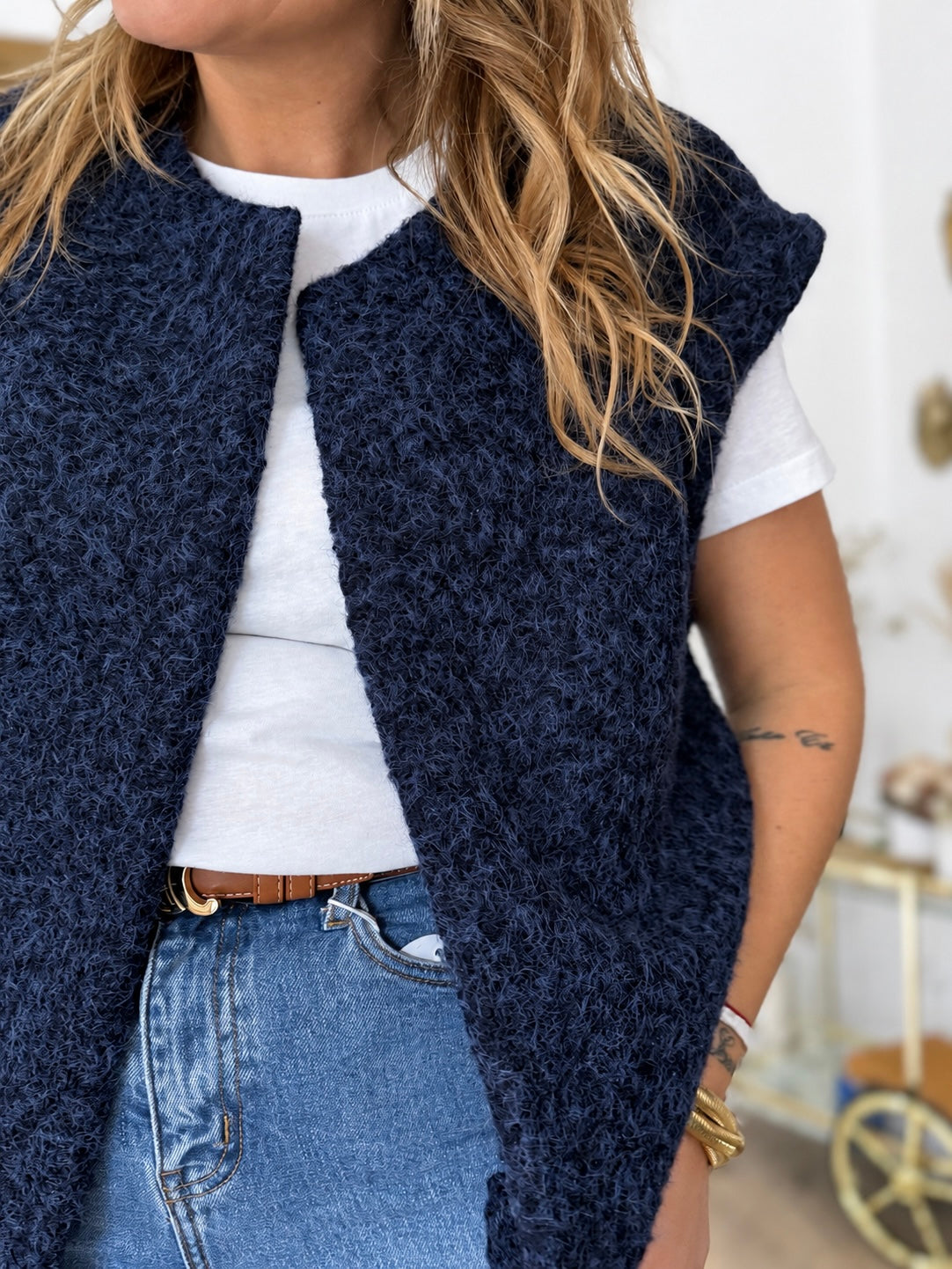 GILET LAINE BOUILLIE BLEU MARINE