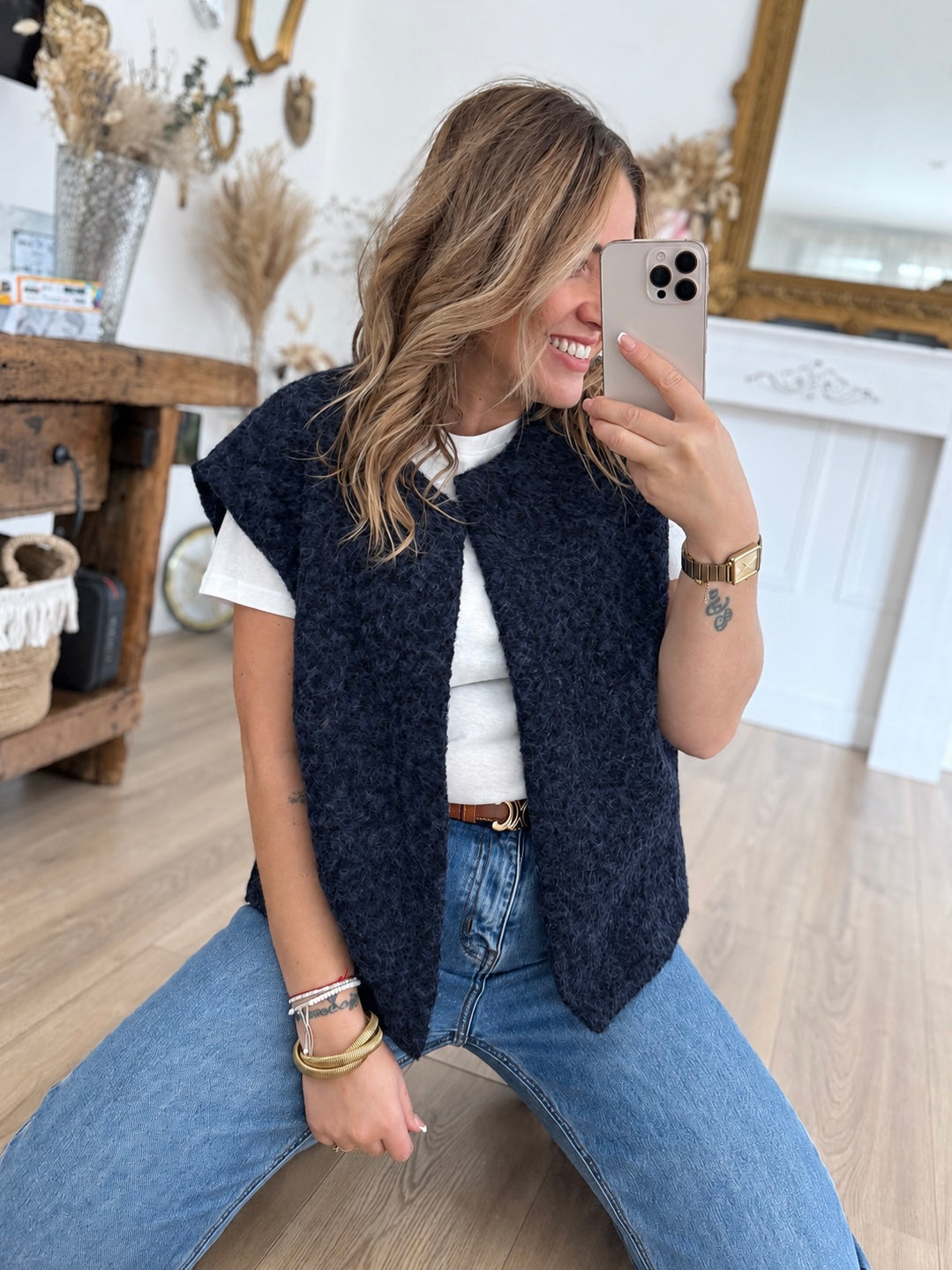 GILET LAINE BOUILLIE BLEU MARINE