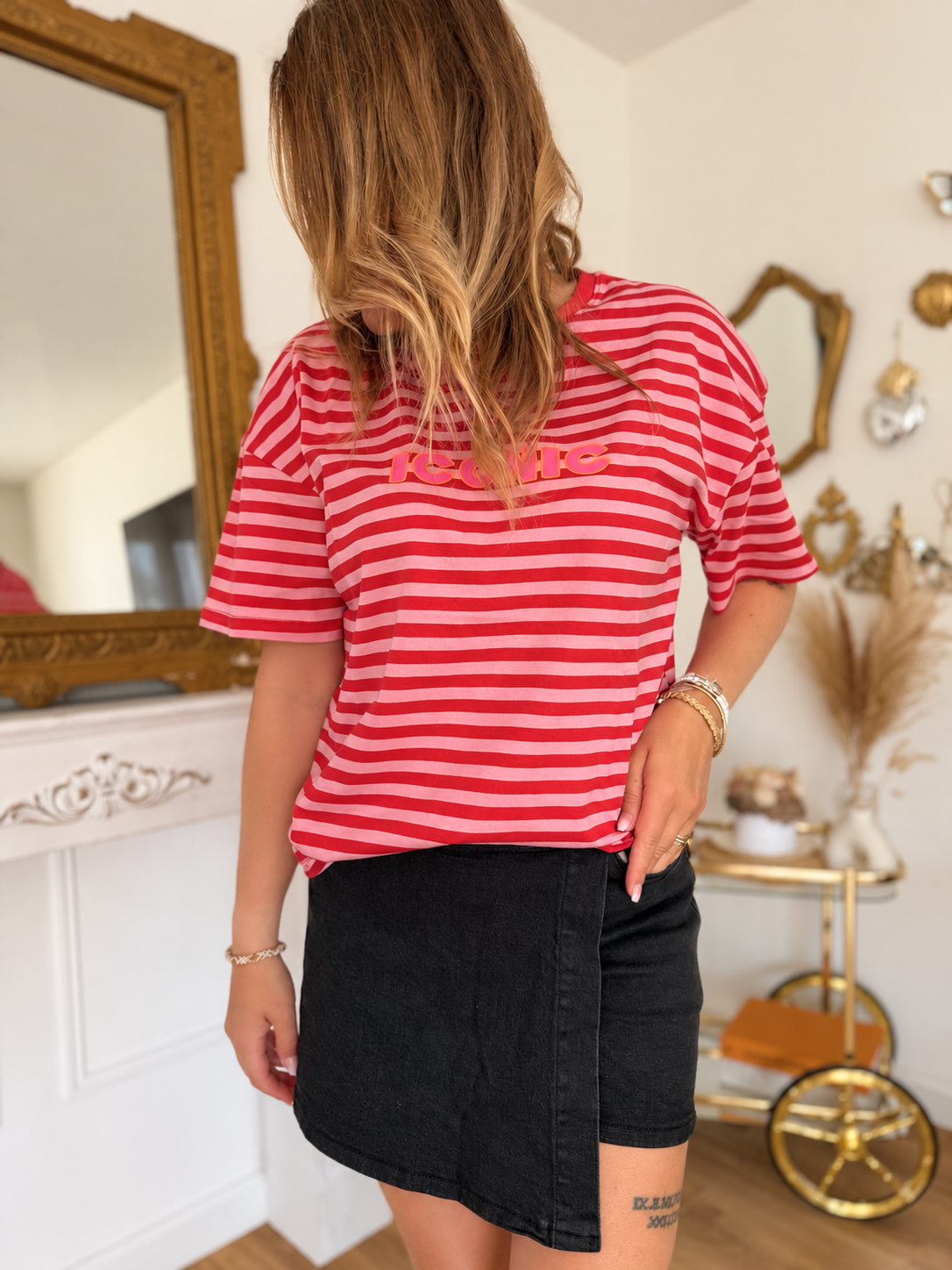 T-SHIRT ICONIC RAYÉ ROUGE & ROSE