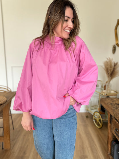 Blouse dos ouvert rose fushia