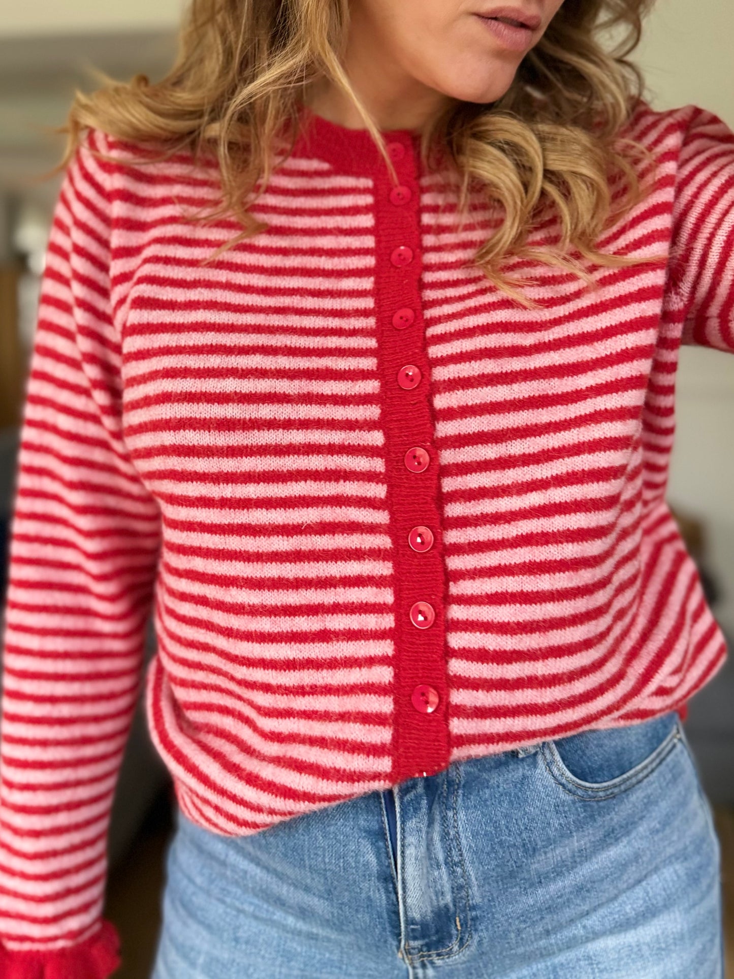 Gilet rayure rouge et rose