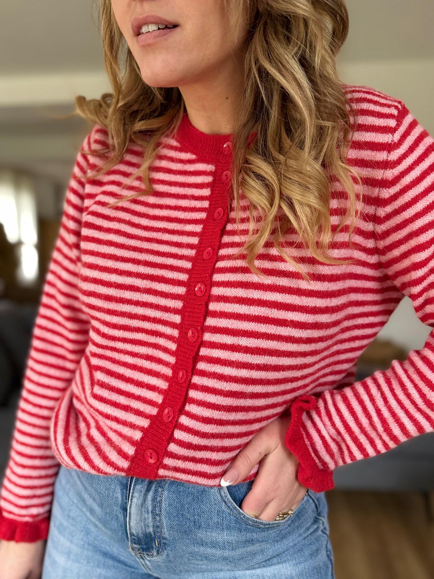 Gilet rayure rouge et rose