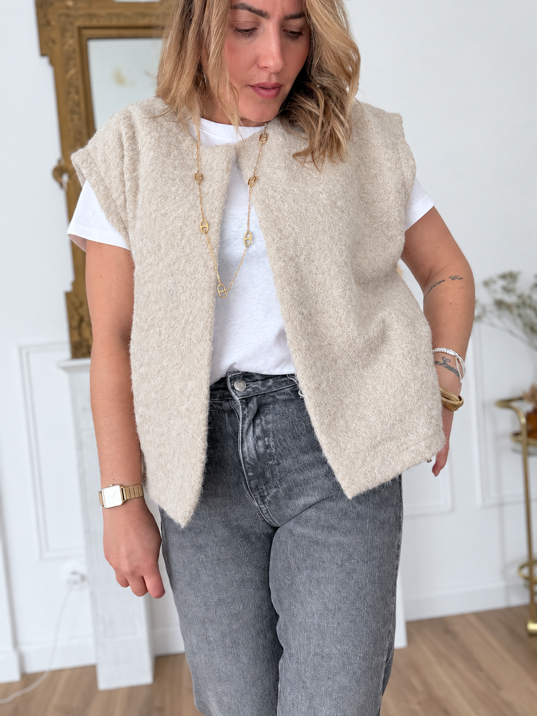 GILET LAINE BOUILLIE ECRU