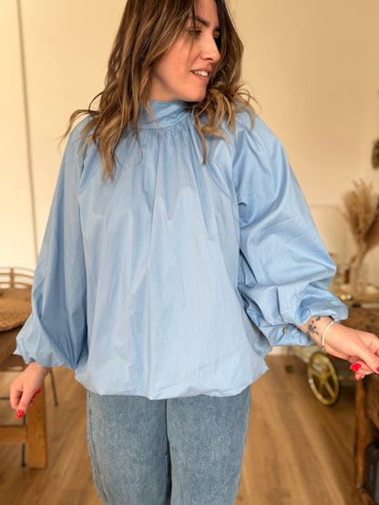 Blouse dos ouvert bleu