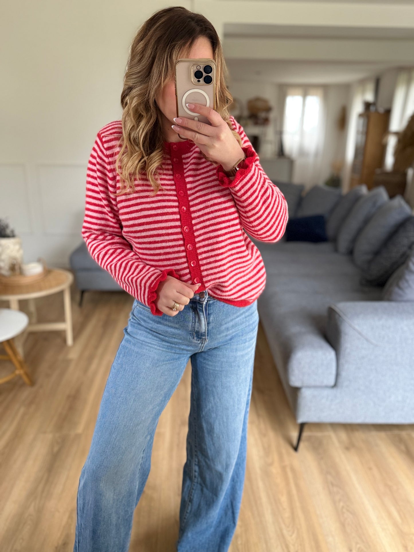 Gilet rayure rouge et rose