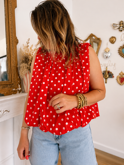 BLOUSE ROUGE À POIS BLANC