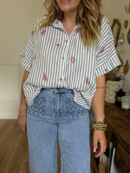 CHEMISE RAYE KAKI A FLEURS