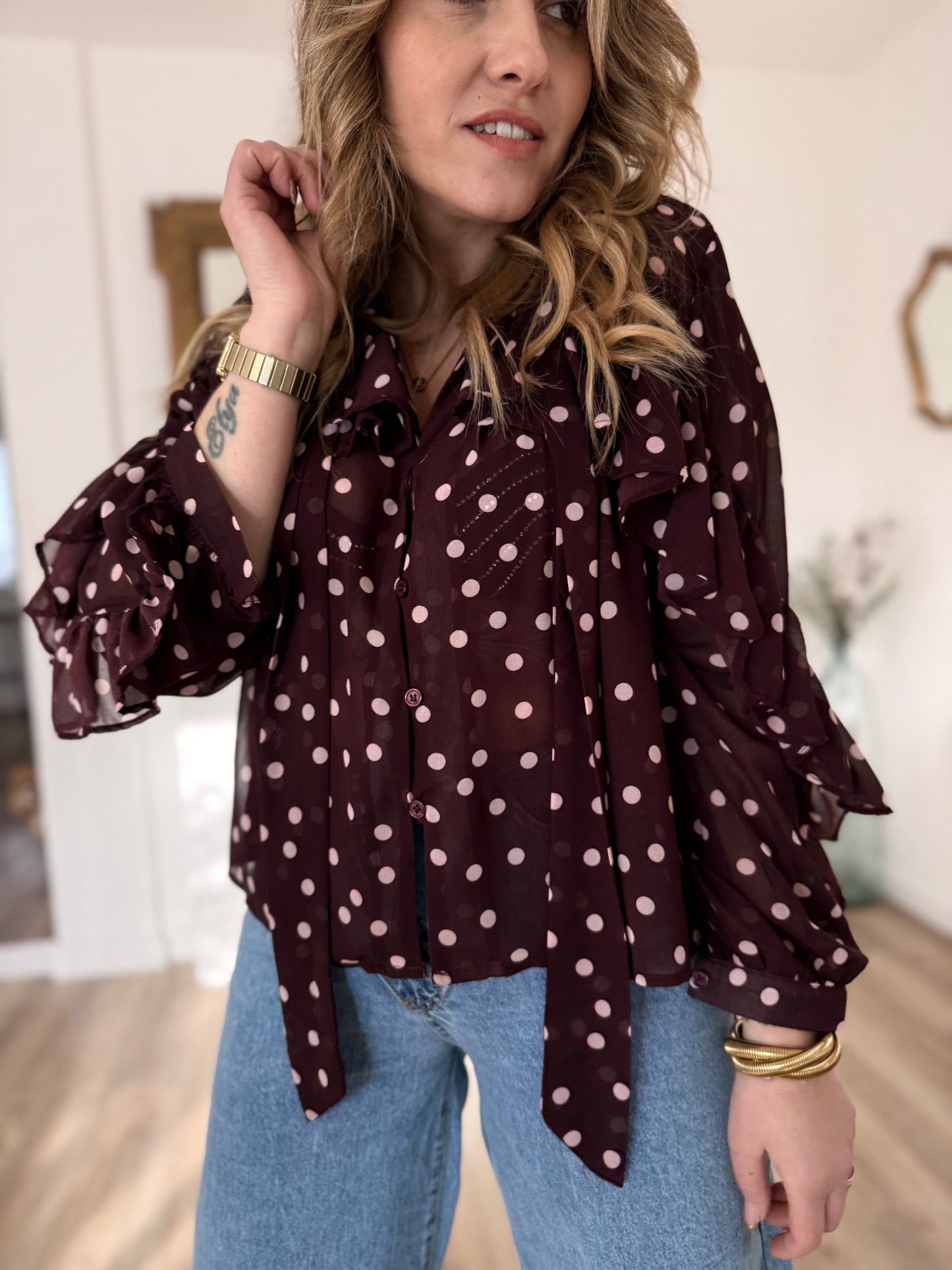 Blouse a pois bordeaux