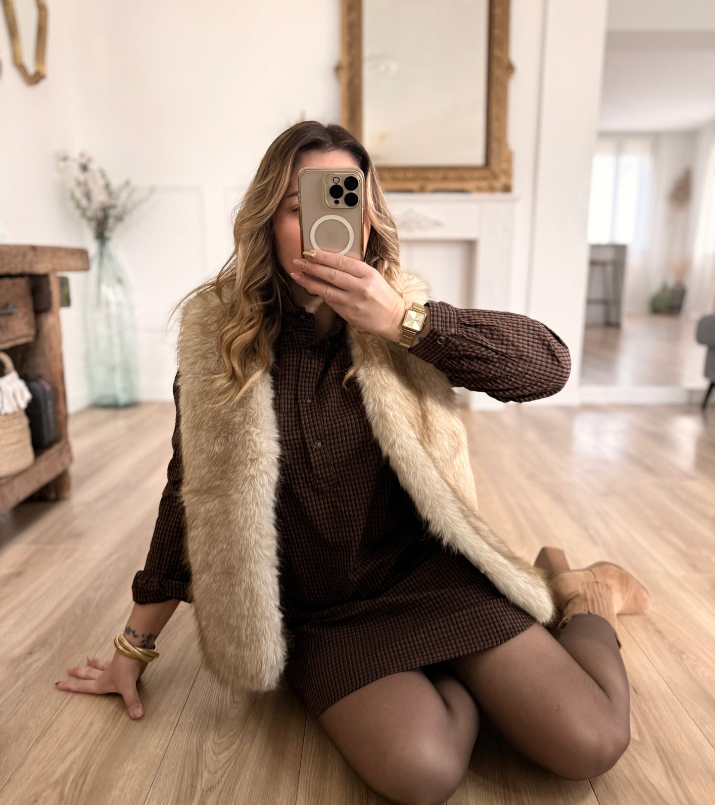 Gilet fourrure beige